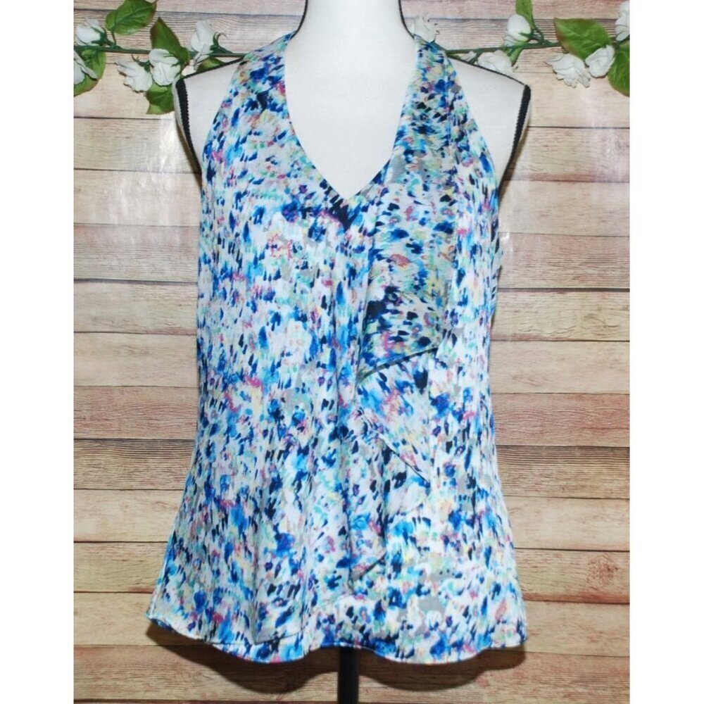 Ann Taylor Blue Ladies Sleeveless Blouse Top Size 10 Ruffle Side Zipper V-Neck